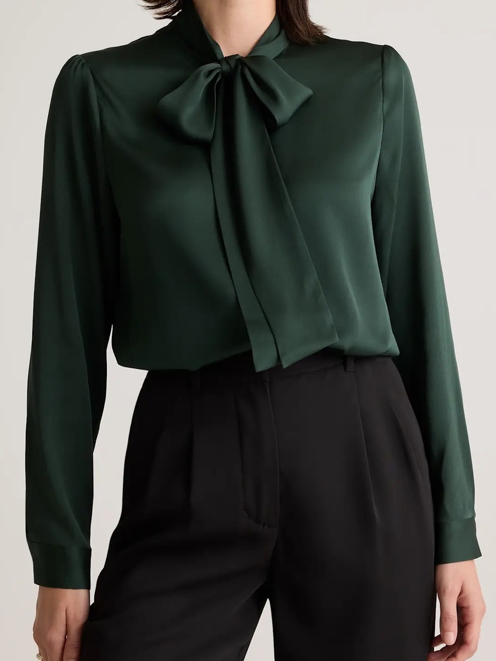 Quince Washable Stretch Silk Tie Neck Blouse Forest Green Sz M